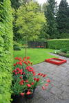 Диагональное решение этого модельного сада, созданного для небольших городских ландшафтов с ограниченным бюджетом, подчёркнуто красным цветом песочницы, сиденьями садовых стульев и тюльпанами.