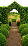 Die Form der Gartenhecke wiederholt die geometrischen Buchsfiguren (Buxus) im „Sommergarten“.